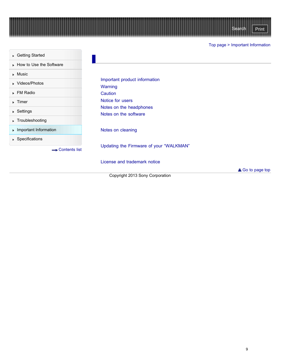 Important information, Precautions, Cleaning | Updating the firmware of your “walkman, License and trademark notice | Sony NWZ-E384BLK User Manual | Page 15 / 162