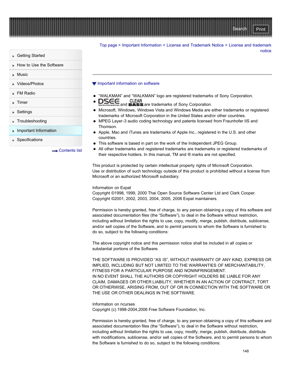 License and trademark notice | Sony NWZ-E384BLK User Manual | Page 154 / 162