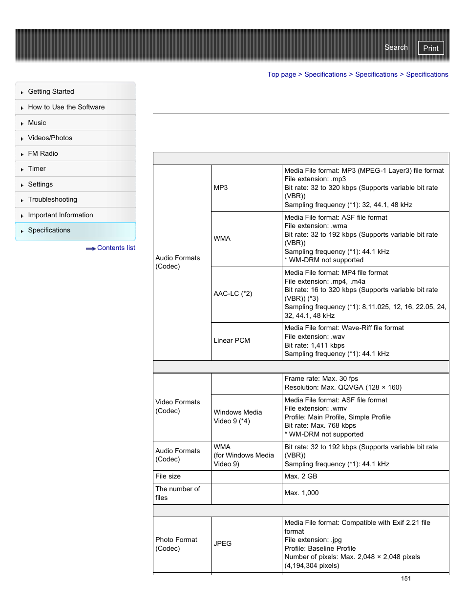 Specifications, Details | Sony NWZ-E384BLK User Manual | Page 157 / 162