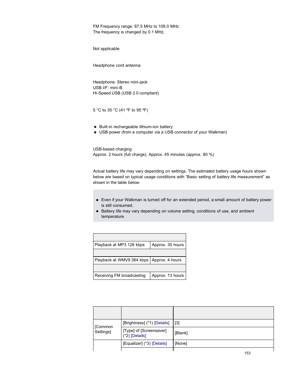Details, Charging time | Sony NWZ-E384BLK User Manual | Page 159 / 162