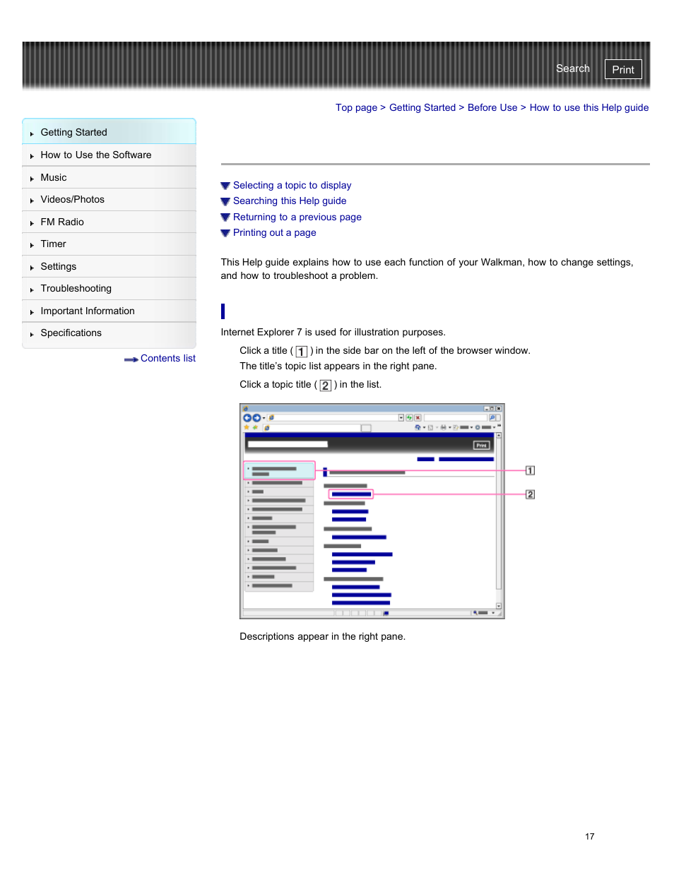 How to use this help guide, Selecting a topic to display | Sony NWZ-E384BLK User Manual | Page 23 / 162