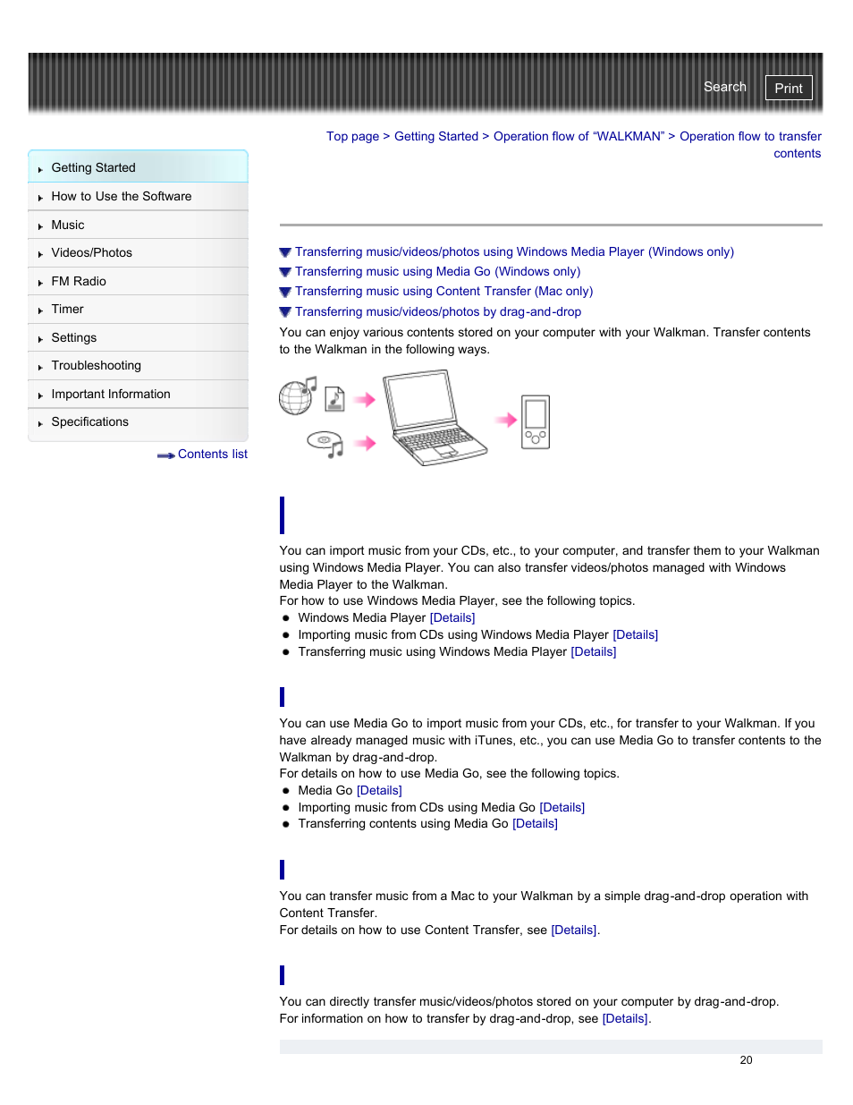 Operation flow to transfer contents, Transferring music using media go, Transferring music using content transfer | Transferring music/videos/photos by drag-and-drop, Player | Sony NWZ-E384BLK User Manual | Page 26 / 162
