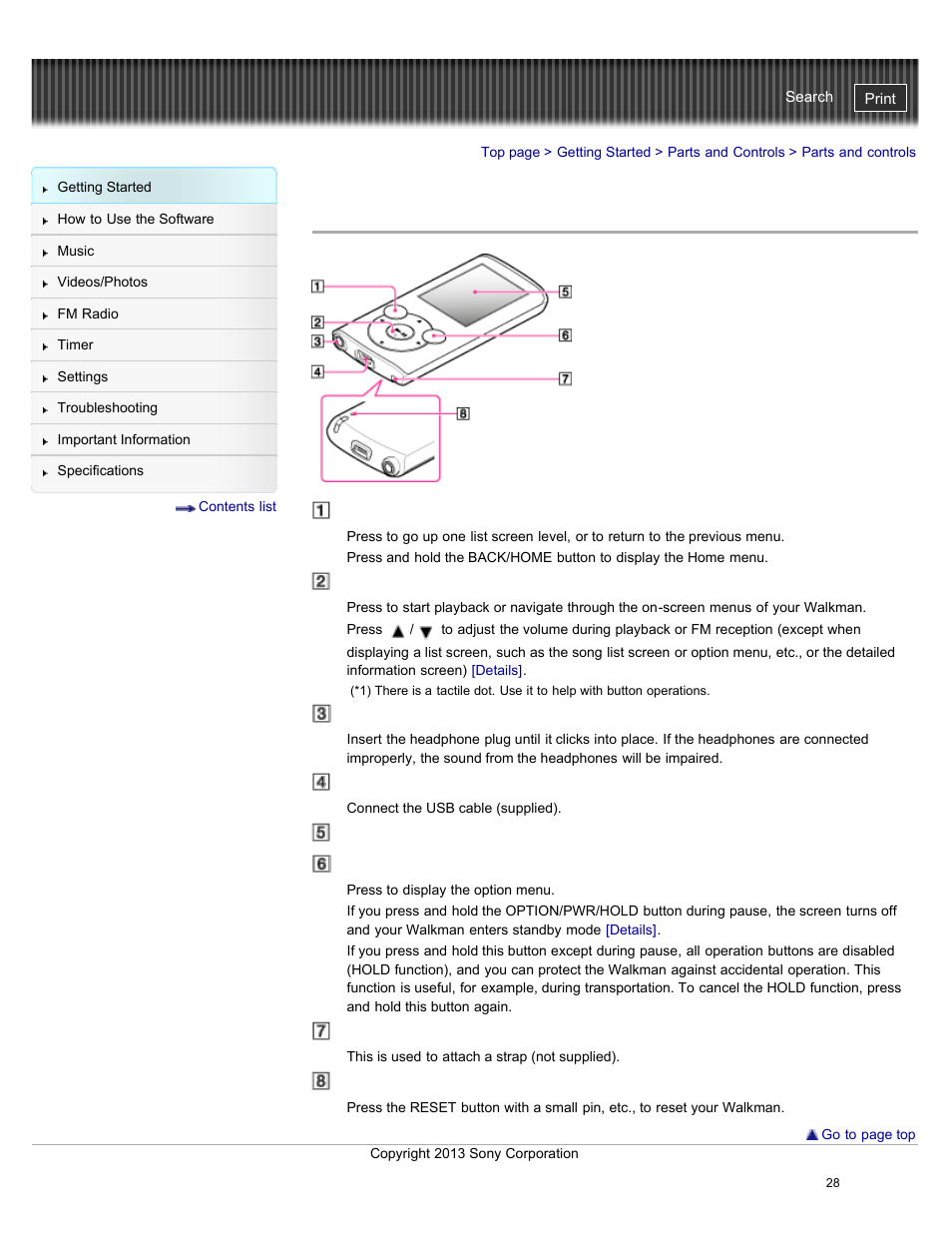 Parts and controls, Details | Sony NWZ-E384BLK User Manual | Page 34 / 162