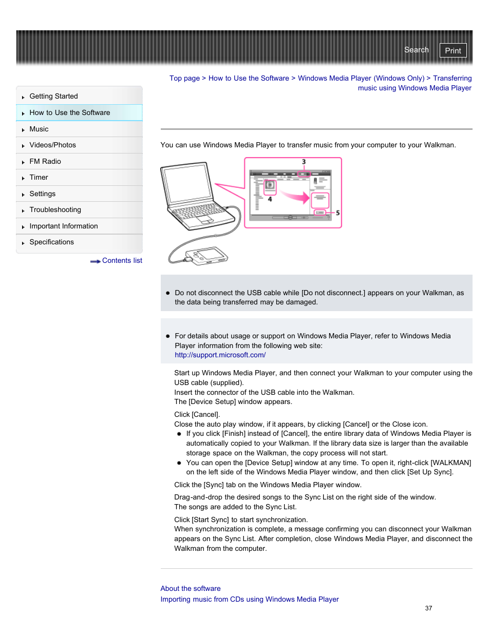 Transferring music using windows media player, Details | Sony NWZ-E384BLK User Manual | Page 43 / 162