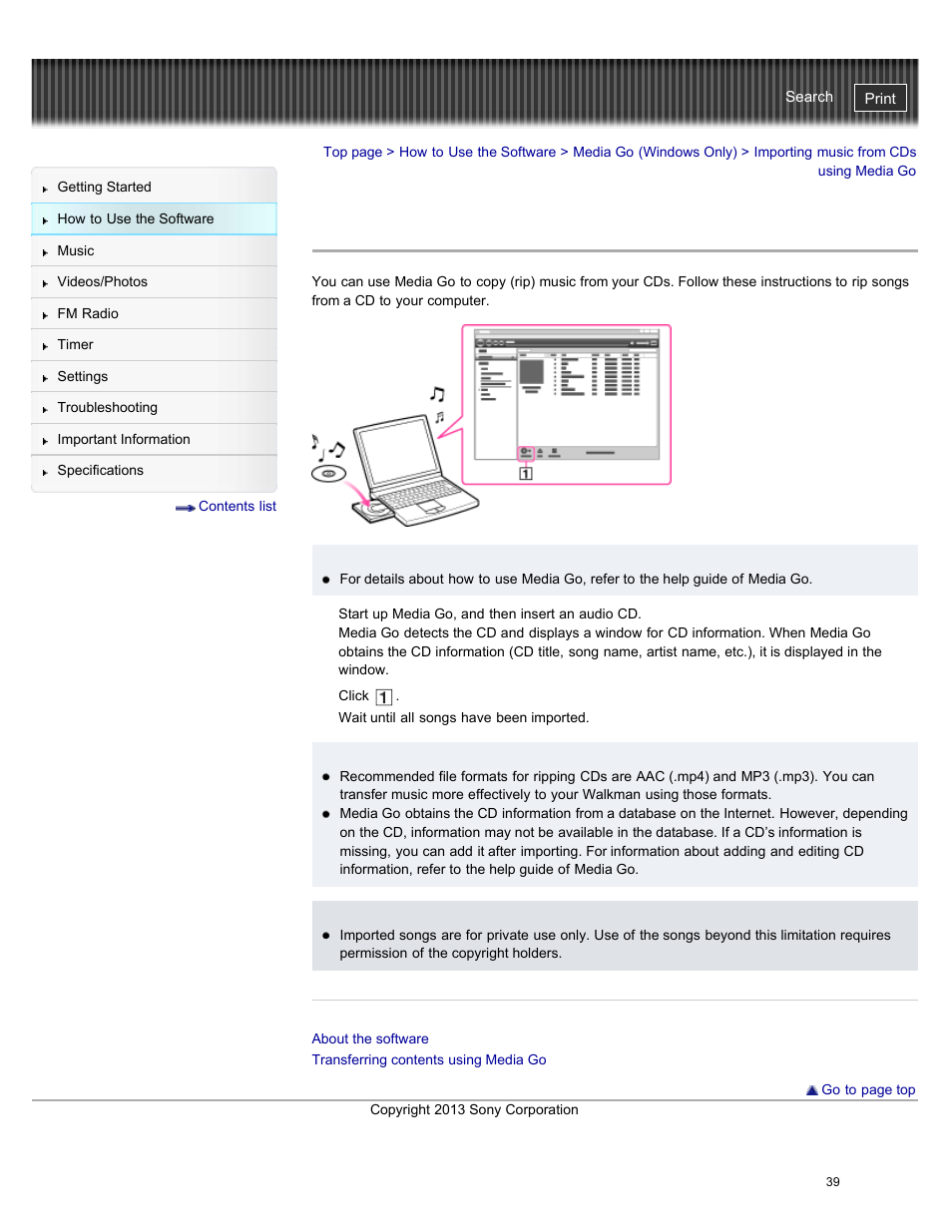 Importing music from cds using media go, Details | Sony NWZ-E384BLK User Manual | Page 45 / 162