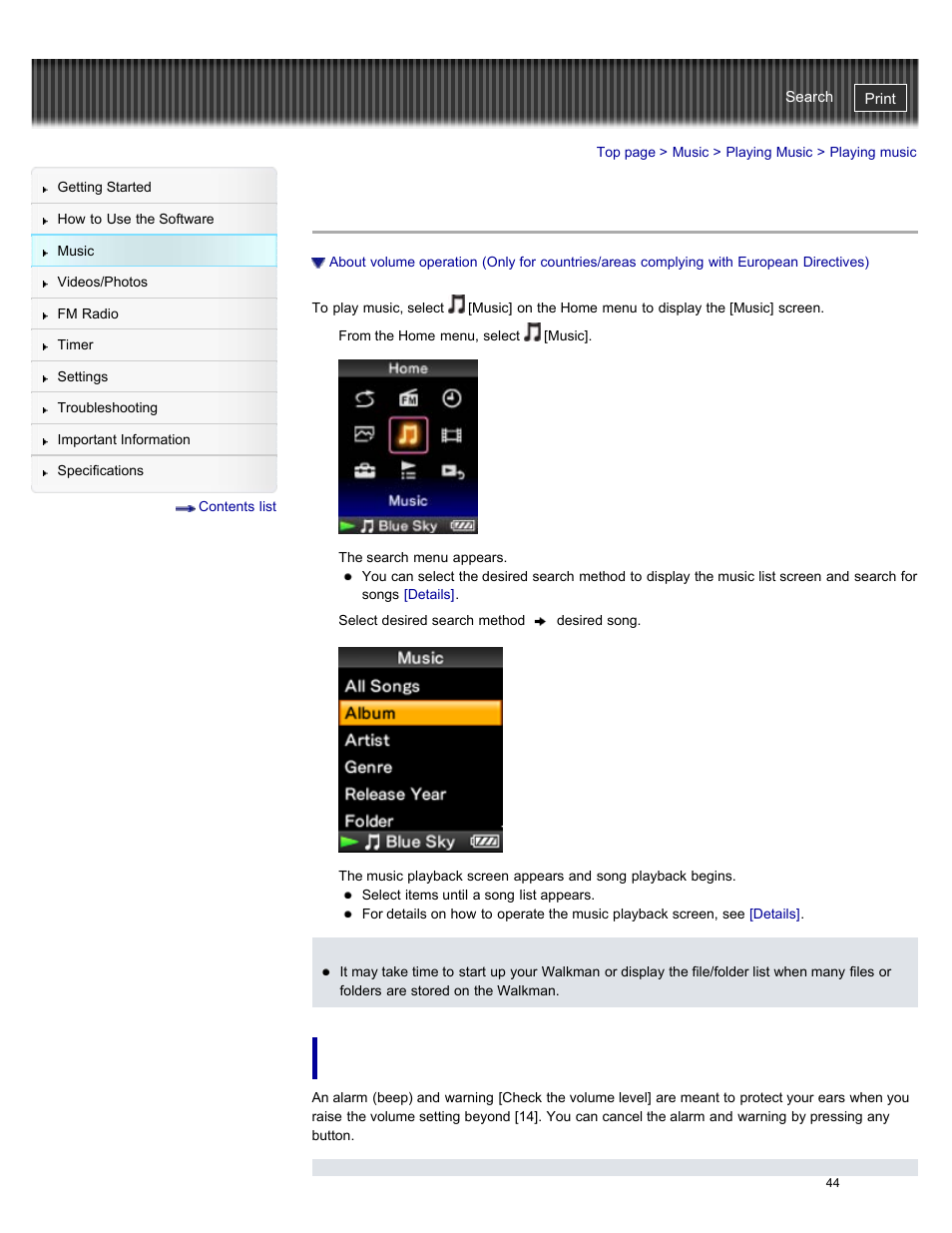 Playing music, About volume operation (only for countries/areas, Complying witheuropean directives) | Details | Sony NWZ-E384BLK User Manual | Page 50 / 162