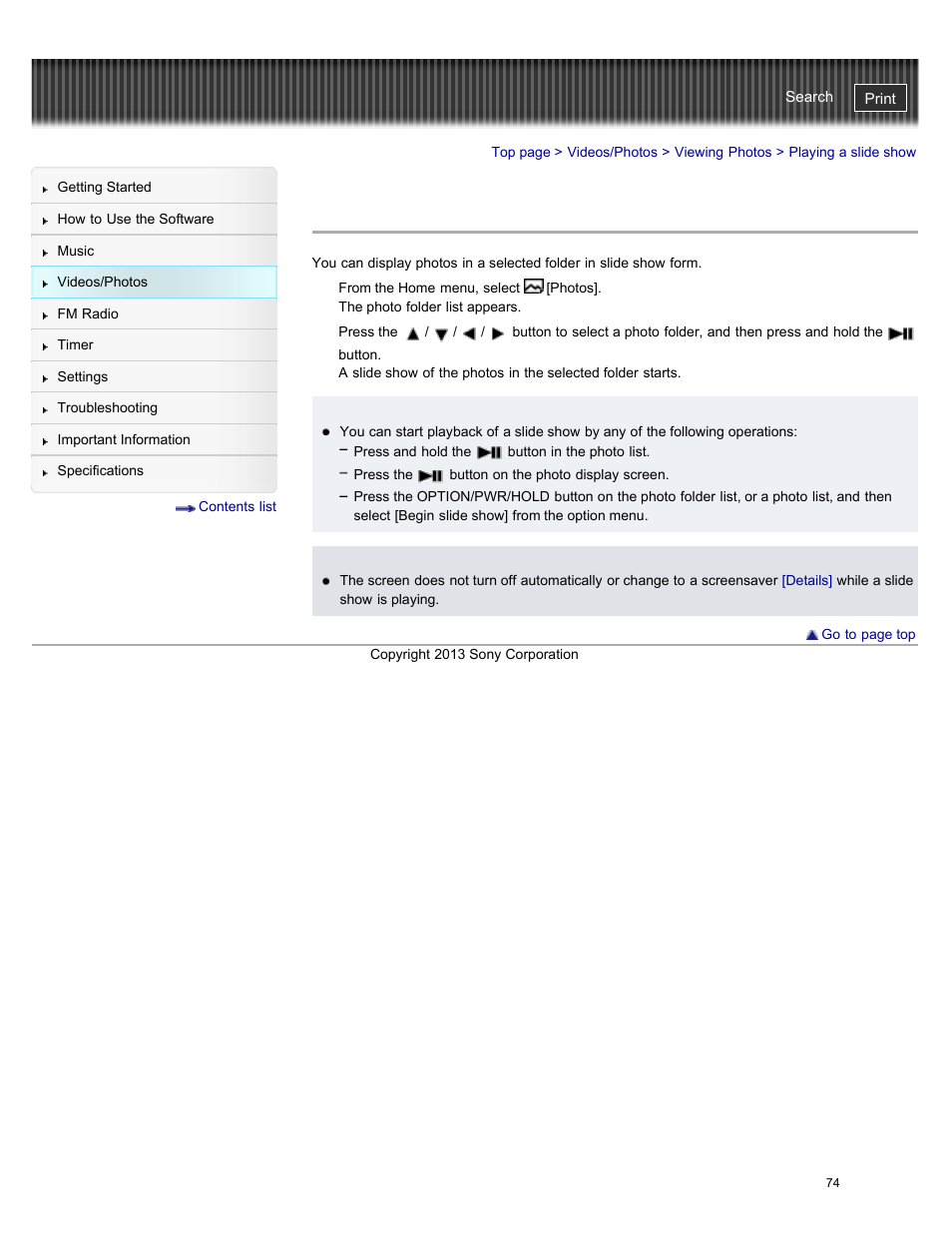 Playing a slide show, Details | Sony NWZ-E384BLK User Manual | Page 80 / 162