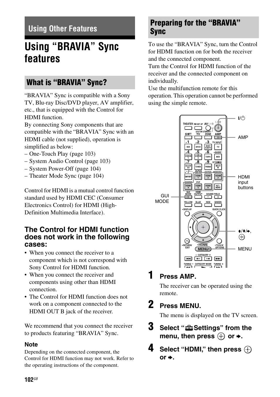 Using other features, Using “bravia” sync features | Sony STR-DA5600ES User Manual | Page 102 / 178