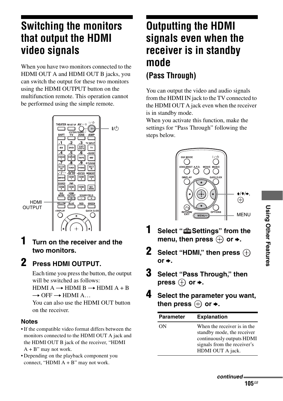 Switching the monitors that output the hdmi, Video signals, Outputting the hdmi signals even when the | Receiver is in standby mode (pass through), Pass through) | Sony STR-DA5600ES User Manual | Page 105 / 178