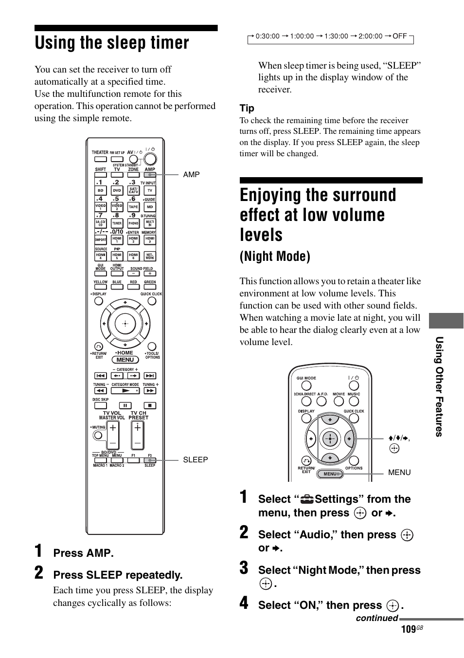 Using the sleep timer, Levels (night mode), Enjoying the surround effect at low volume levels | Night mode) | Sony STR-DA5600ES User Manual | Page 109 / 178