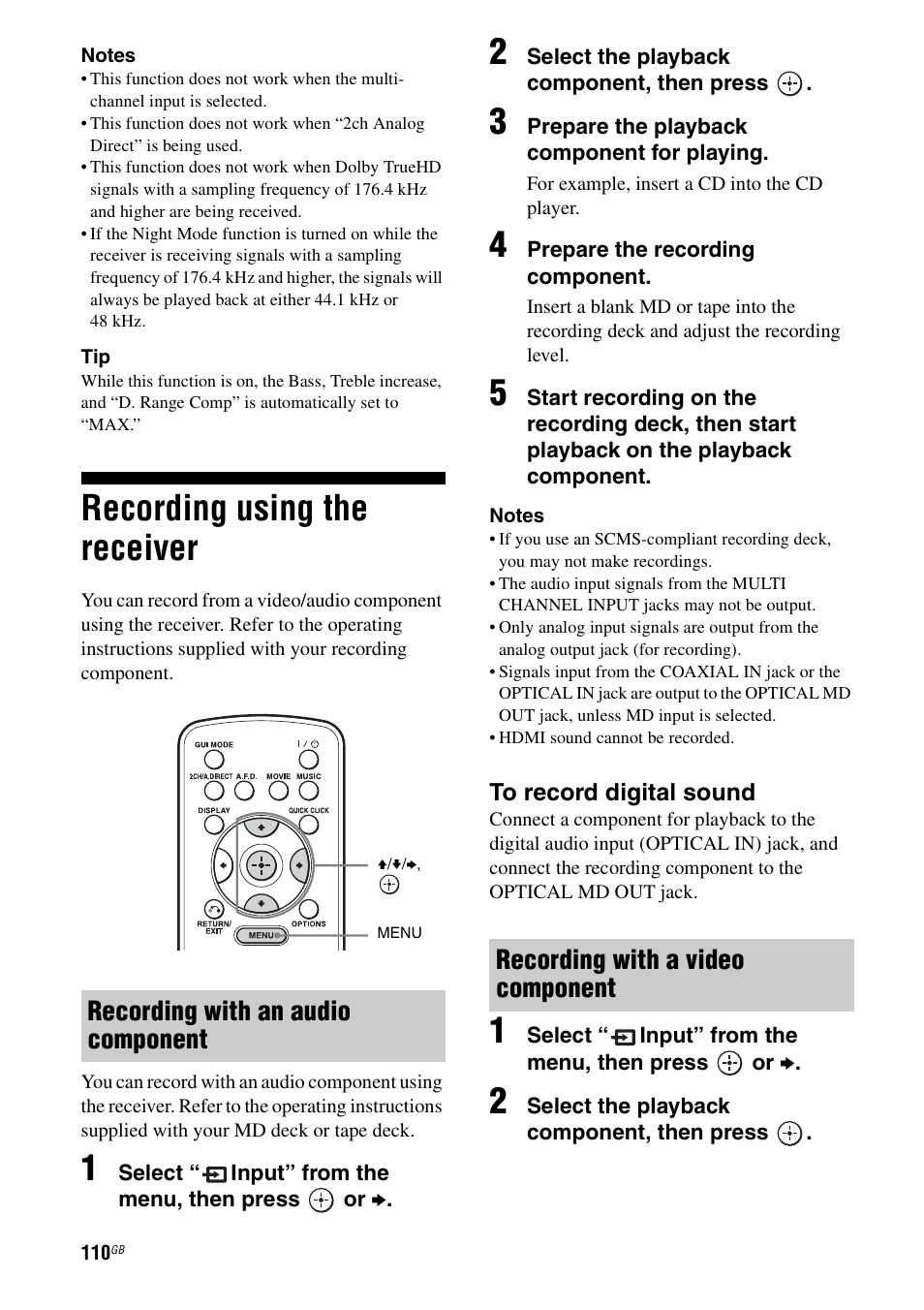 Recording using the receiver, Recording with an audio component, Recording with a video component | Sony STR-DA5600ES User Manual | Page 110 / 178