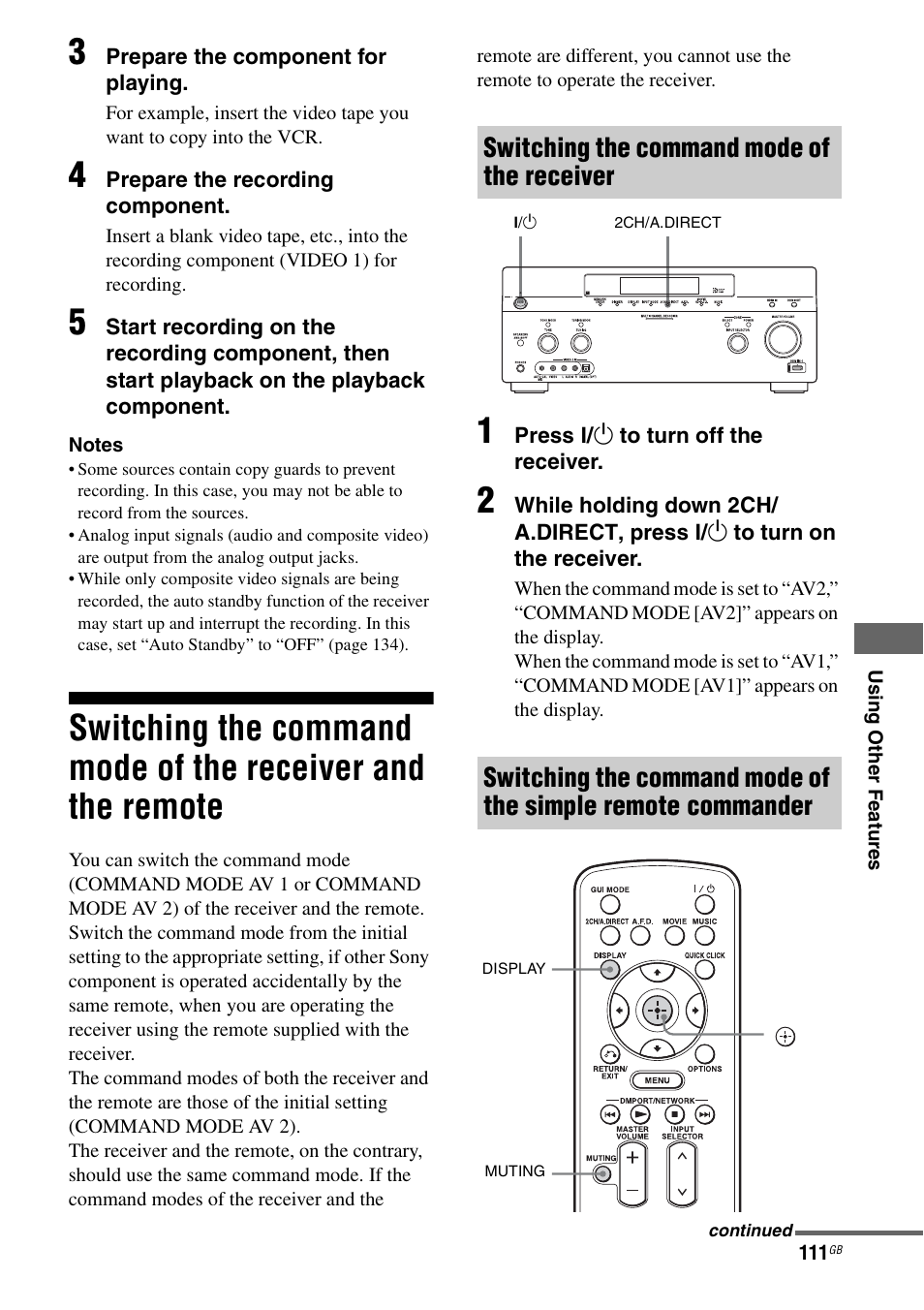 Switching the command mode of the receiver, And the remote | Sony STR-DA5600ES User Manual | Page 111 / 178