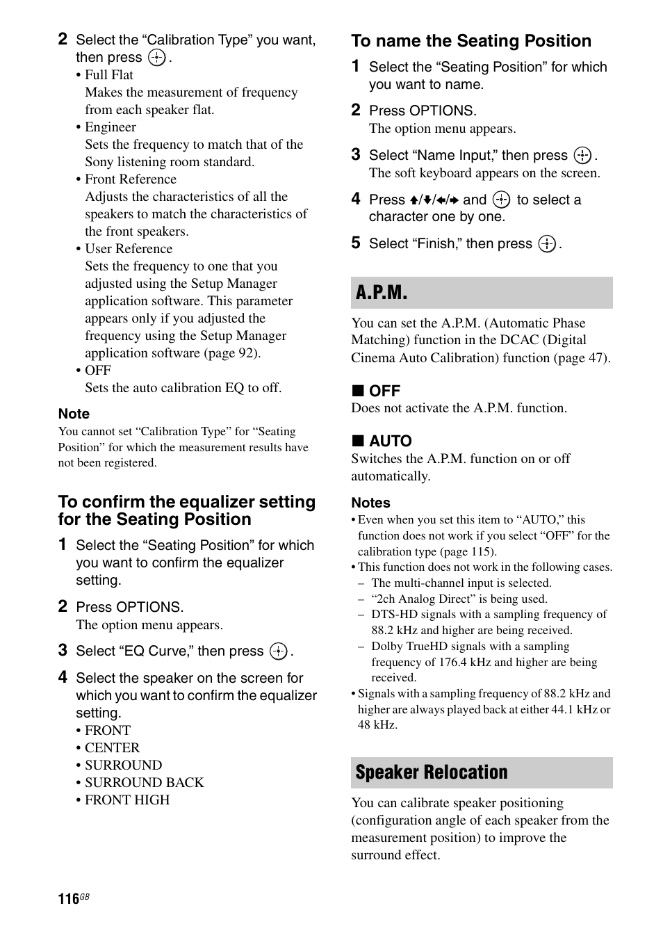 A.p.m. speaker relocation | Sony STR-DA5600ES User Manual | Page 116 / 178