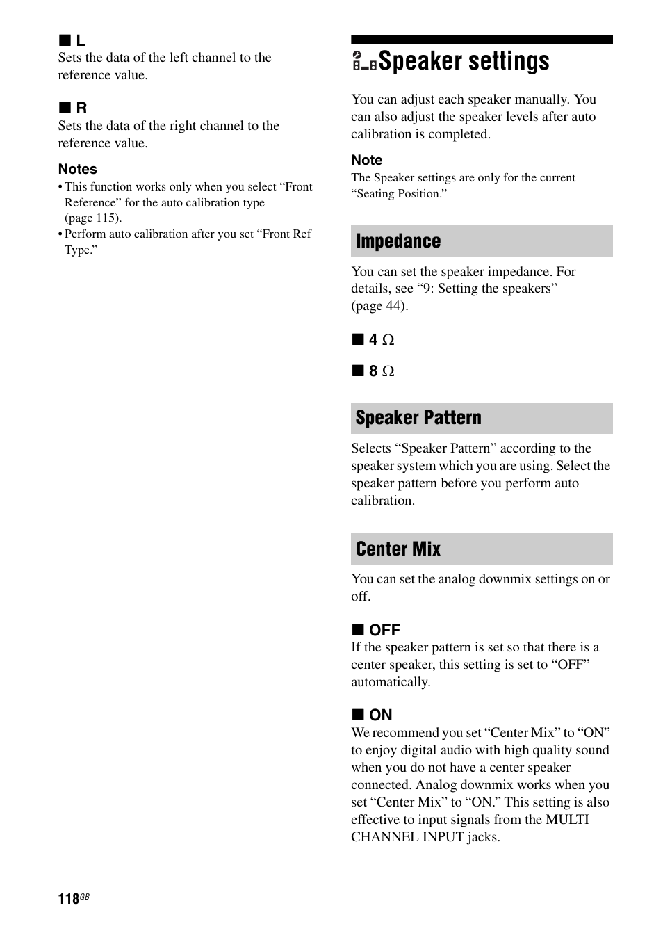 Speaker settings, Impedance speaker pattern center mix | Sony STR-DA5600ES User Manual | Page 118 / 178