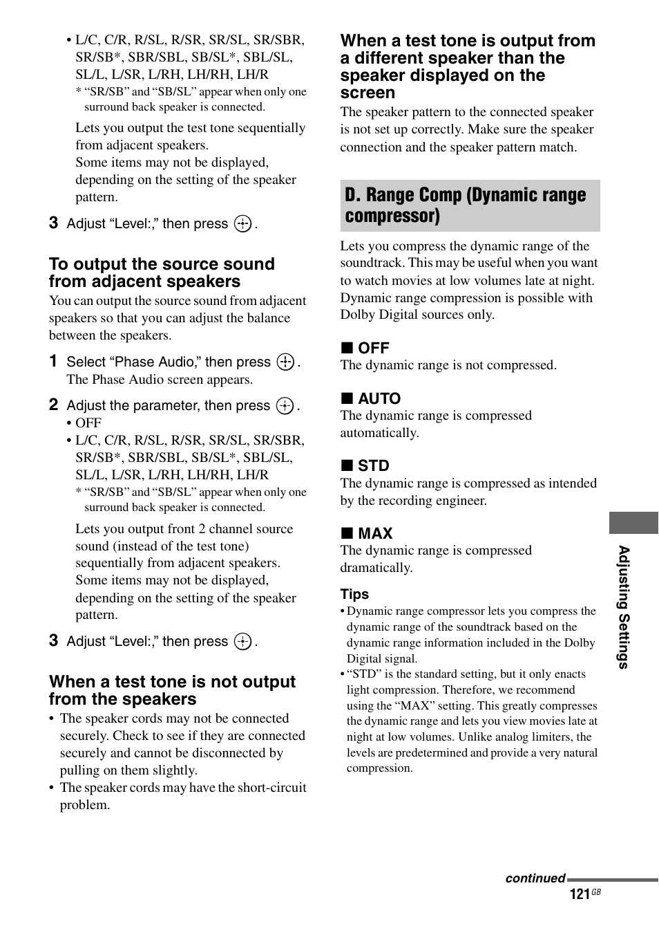 D. range comp (dynamic range compressor), When a test tone is not output from the speakers | Sony STR-DA5600ES User Manual | Page 121 / 178