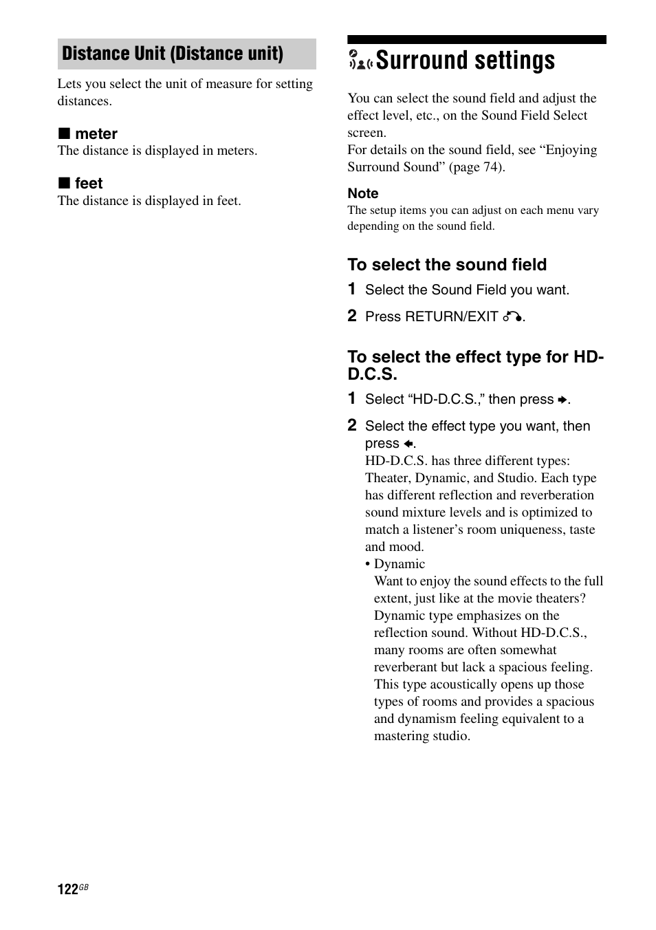 Surround settings, Distance unit (distance unit) | Sony STR-DA5600ES User Manual | Page 122 / 178
