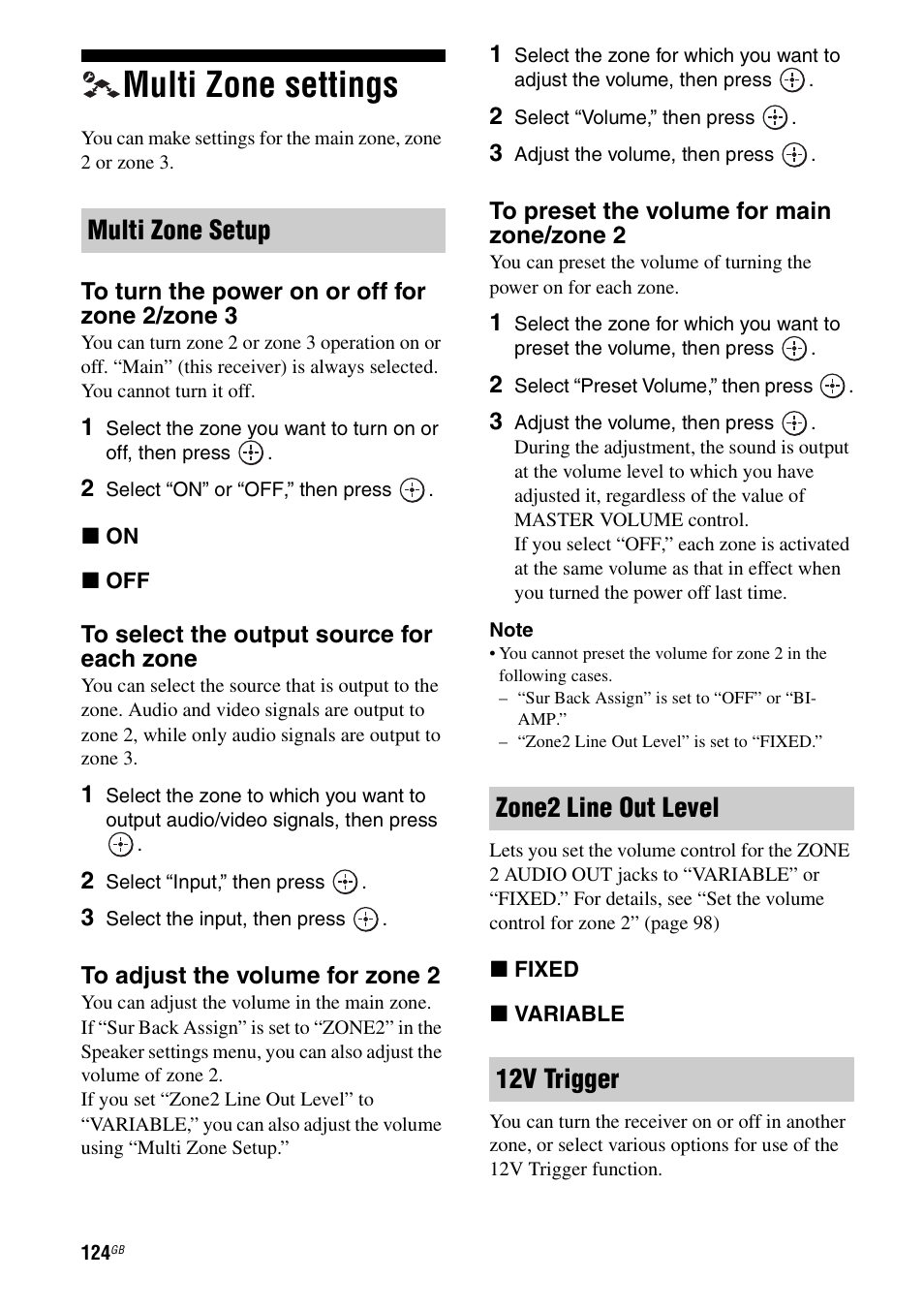Multi zone settings, Multi zone setup zone2 line out level 12v trigger | Sony STR-DA5600ES User Manual | Page 124 / 178
