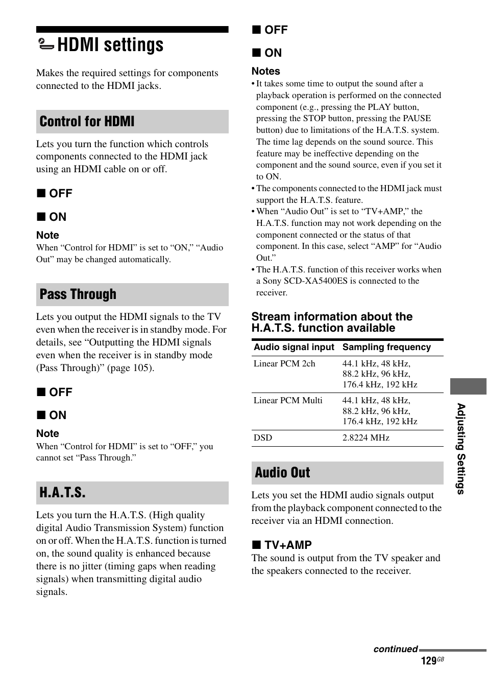 Hdmi settings, Control for hdmi pass through h.a.t.s, Audio out | Sony STR-DA5600ES User Manual | Page 129 / 178