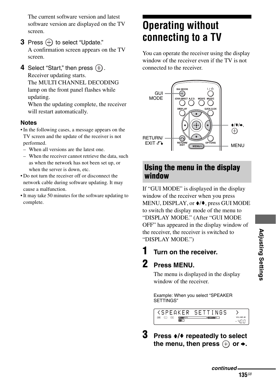 Operating without connecting to a tv, Using the menu in the display window | Sony STR-DA5600ES User Manual | Page 135 / 178