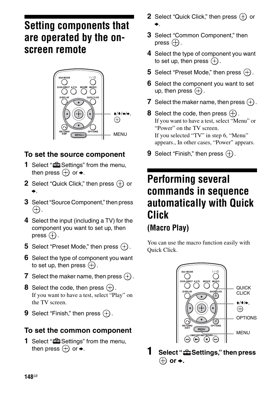 Setting components that are operated by the, On-screen remote, Performing several commands in sequence | Automatically with quick click (macro play), Macro play) | Sony STR-DA5600ES User Manual | Page 148 / 178