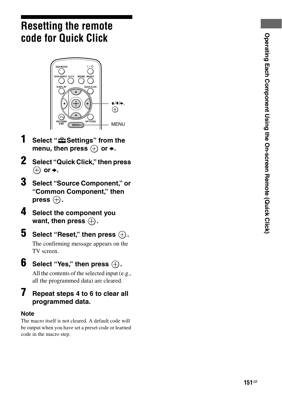 Resetting the remote code for quick click, Resetting the remote code for quick, Click | Resetting the remote code for quick click 1 | Sony STR-DA5600ES User Manual | Page 151 / 178