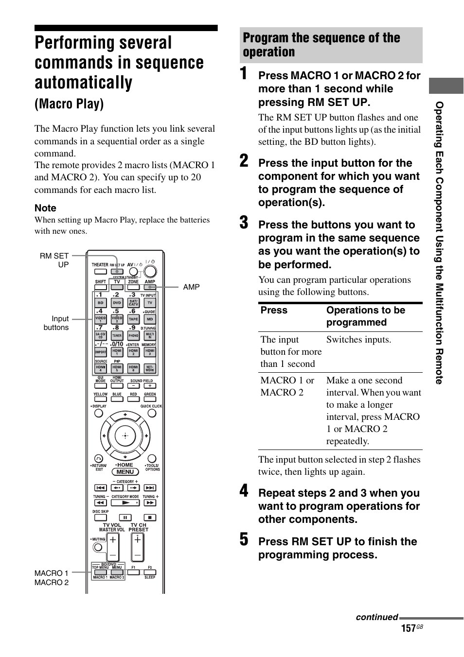 Performing several commands in sequence, Automatically (macro play), Macro play) | Program the sequence of the operation | Sony STR-DA5600ES User Manual | Page 157 / 178