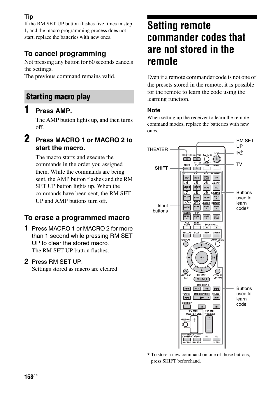 Setting remote commander codes that are not, Stored in the remote, Starting macro play | Sony STR-DA5600ES User Manual | Page 158 / 178