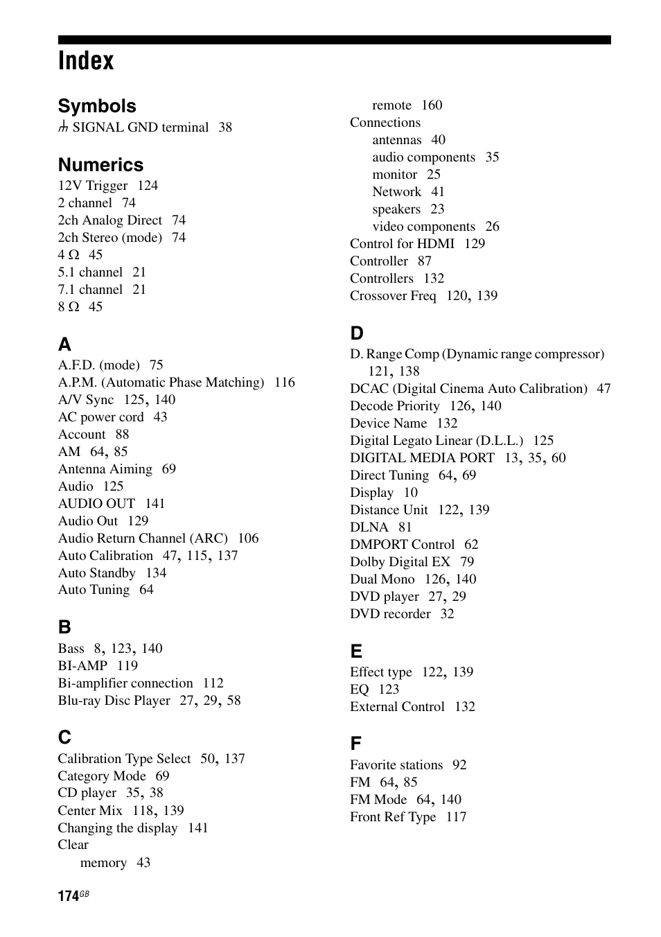 Index, Symbols, Numerics | Sony STR-DA5600ES User Manual | Page 174 / 178
