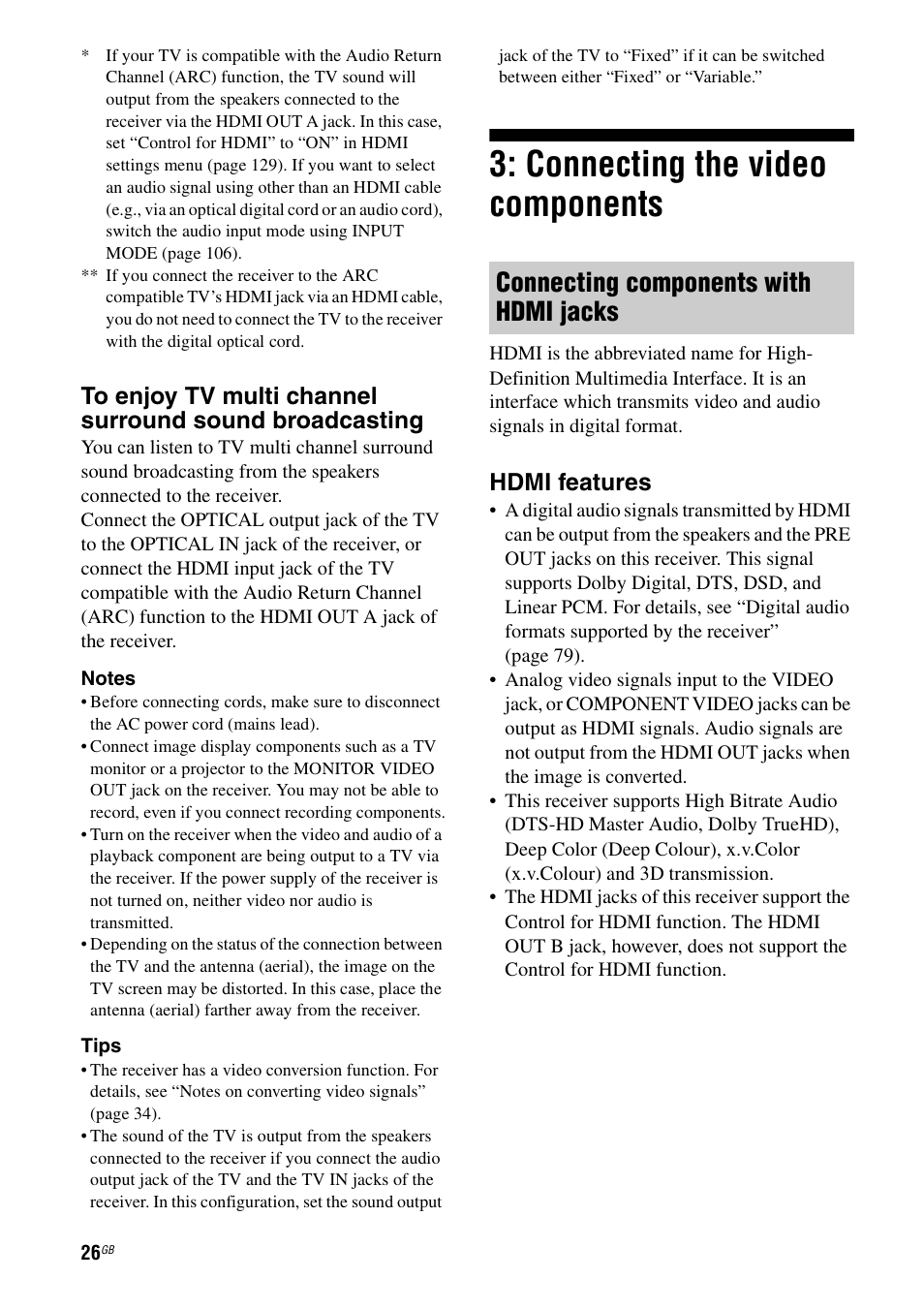 Connecting the video components, Connecting components with hdmi jacks, Hdmi features | Sony STR-DA5600ES User Manual | Page 26 / 178