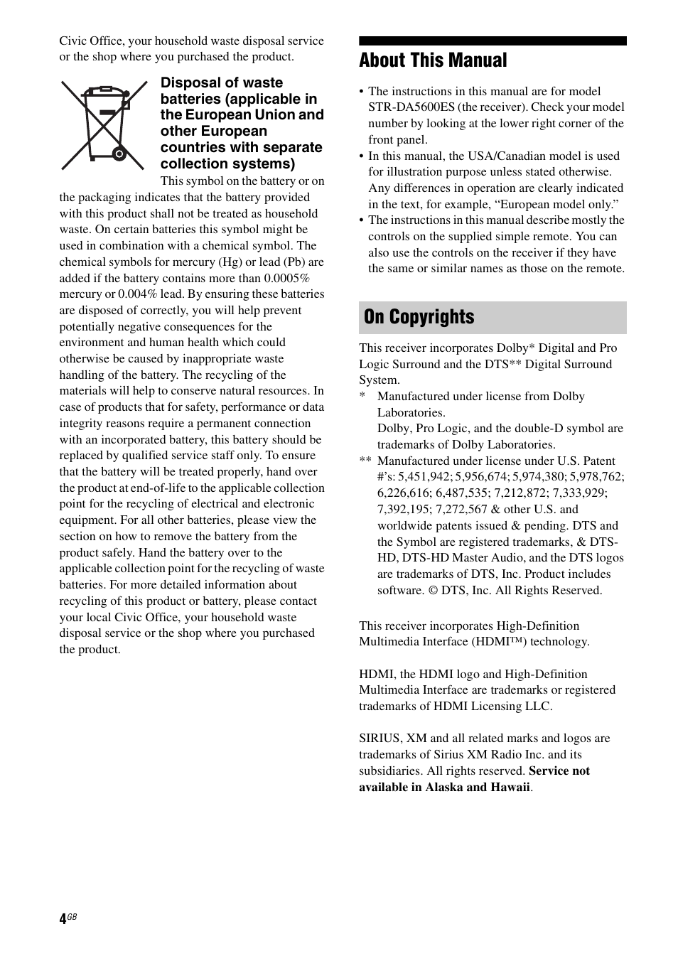 About this manual, On copyrights | Sony STR-DA5600ES User Manual | Page 4 / 178