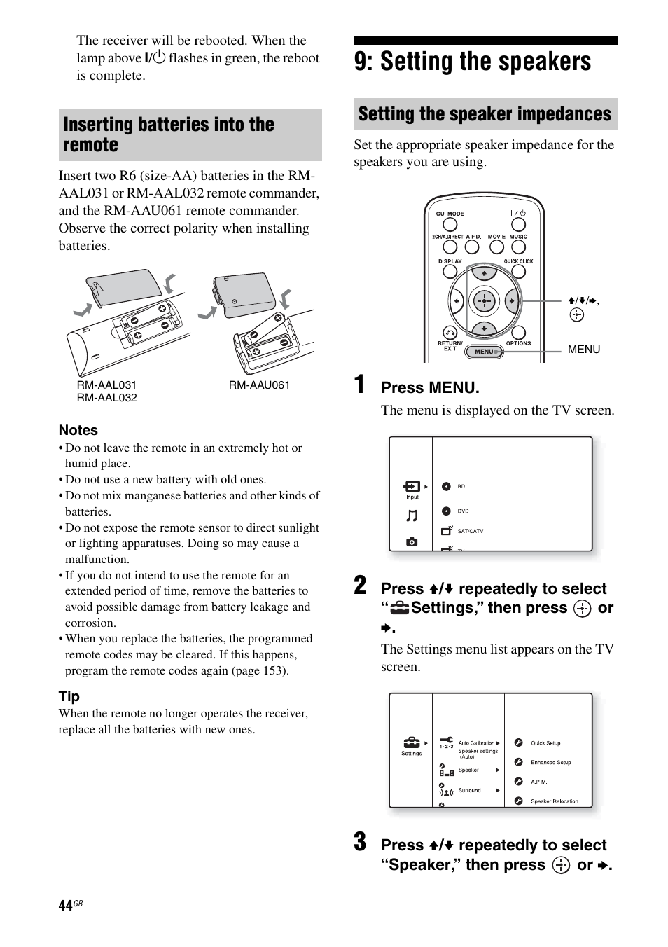 Setting the speakers, Inserting batteries into the remote, Setting the speaker impedances | Sony STR-DA5600ES User Manual | Page 44 / 178