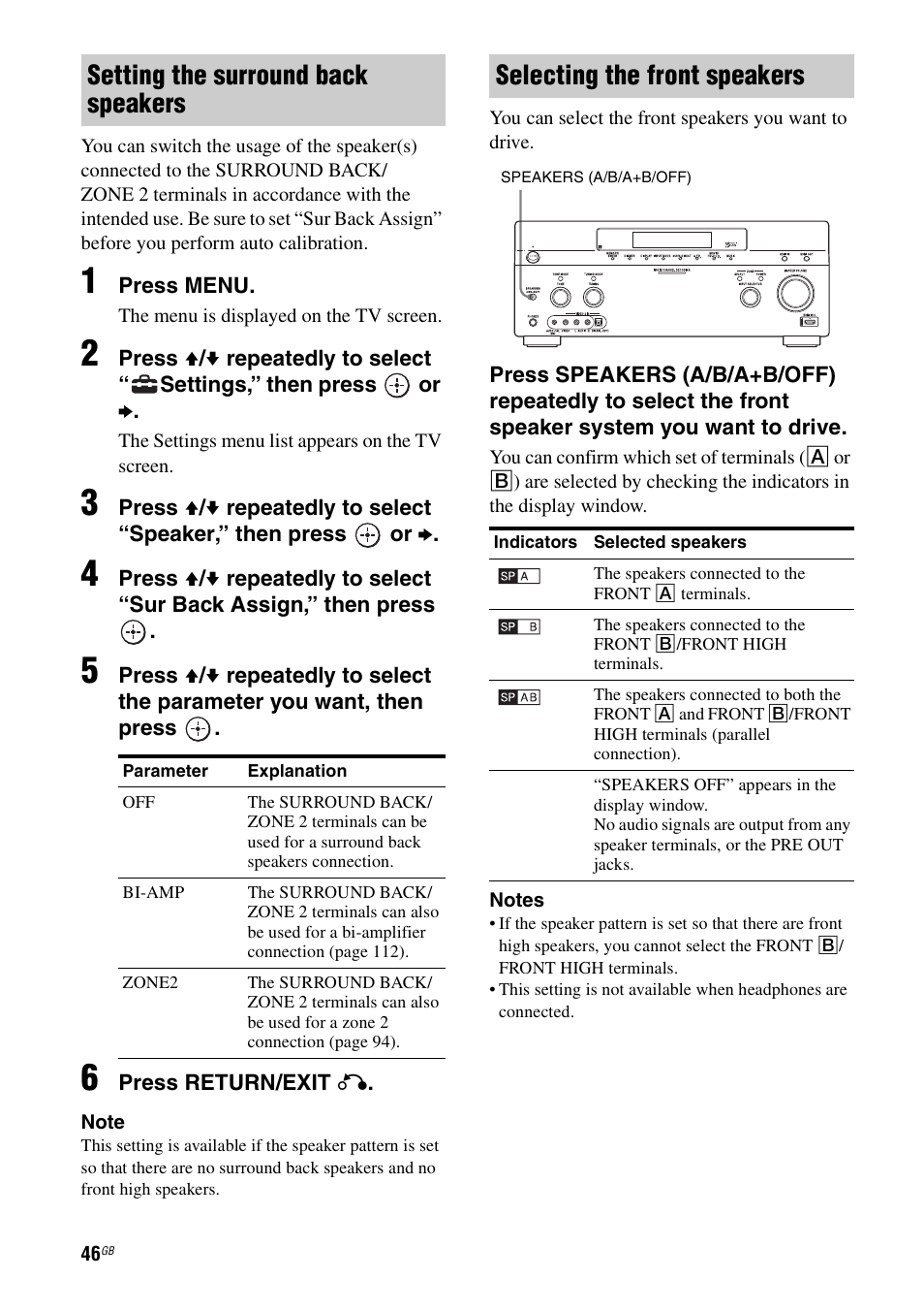 Setting the surround back speakers, Selecting the front speakers | Sony STR-DA5600ES User Manual | Page 46 / 178