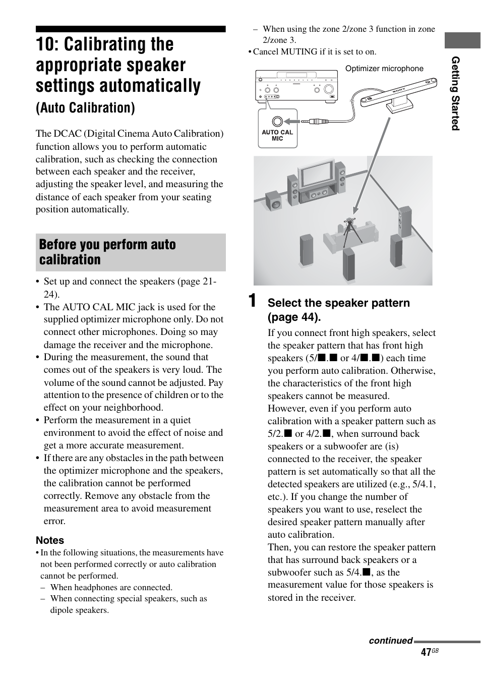 Calibrating the appropriate speaker, Settings automatically (auto calibration), Auto calibration) | Before you perform auto calibration | Sony STR-DA5600ES User Manual | Page 47 / 178