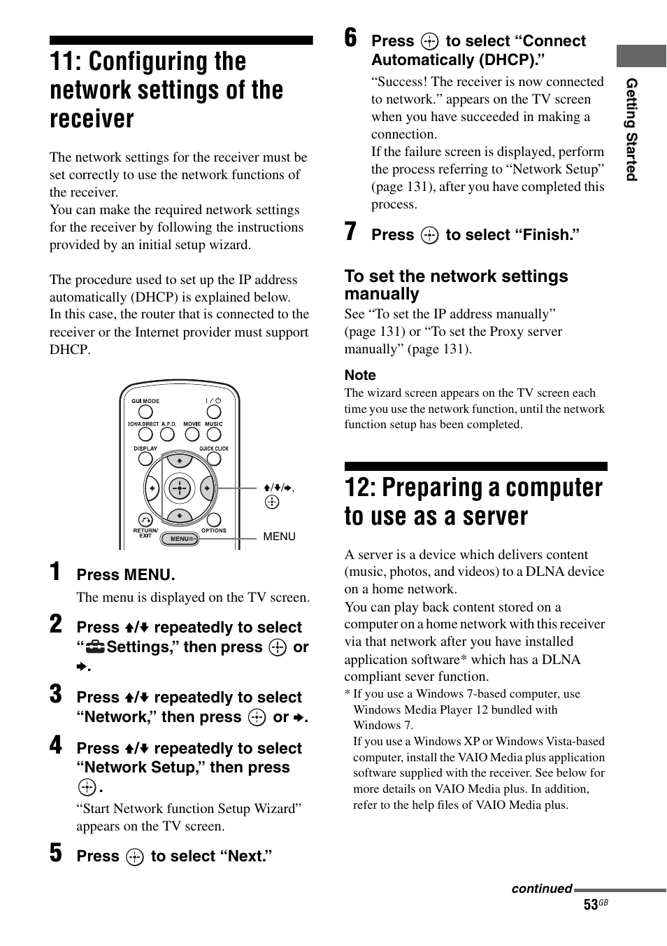 Configuring the network settings of the receiver, Preparing a computer to use as a server, Configuring the network settings of the | Receiver, Preparing a computer to use as a, Server | Sony STR-DA5600ES User Manual | Page 53 / 178