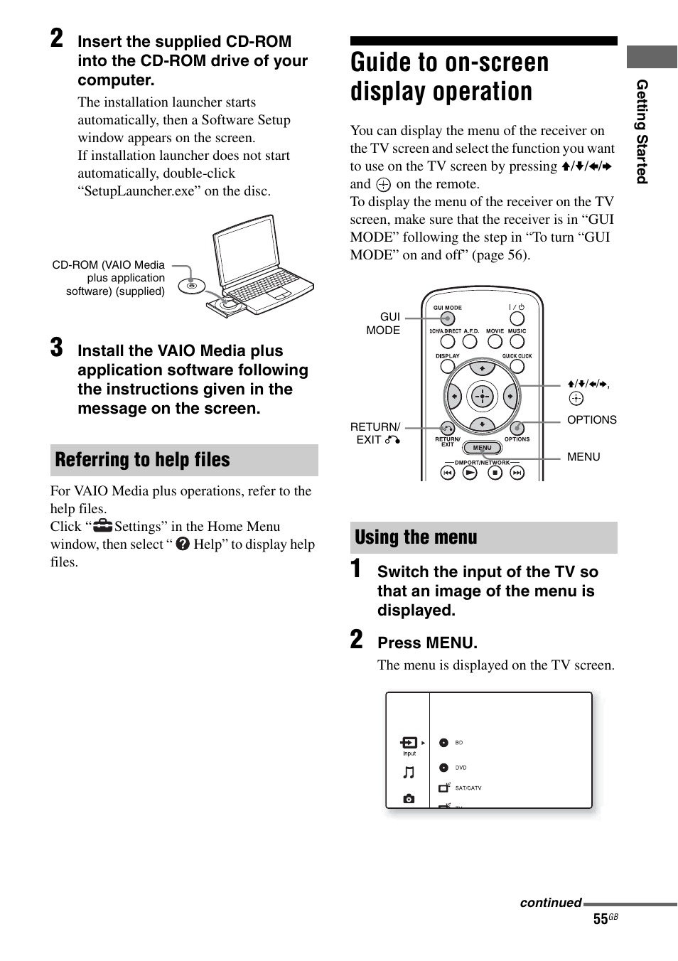 Guide to on-screen display operation, Referring to help files, Using the menu | Sony STR-DA5600ES User Manual | Page 55 / 178