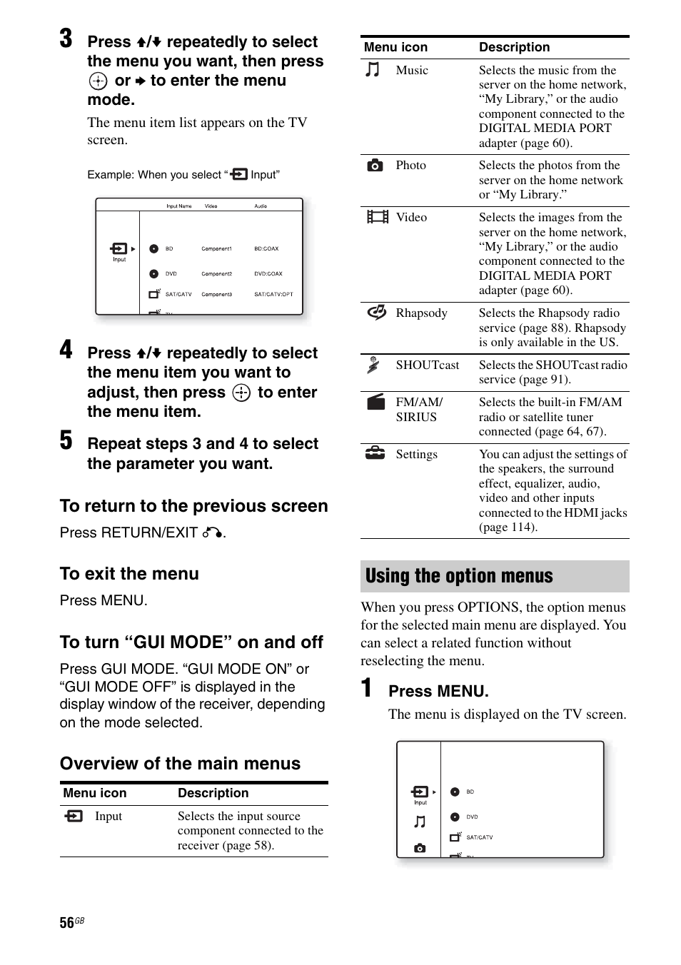 Using the option menus | Sony STR-DA5600ES User Manual | Page 56 / 178