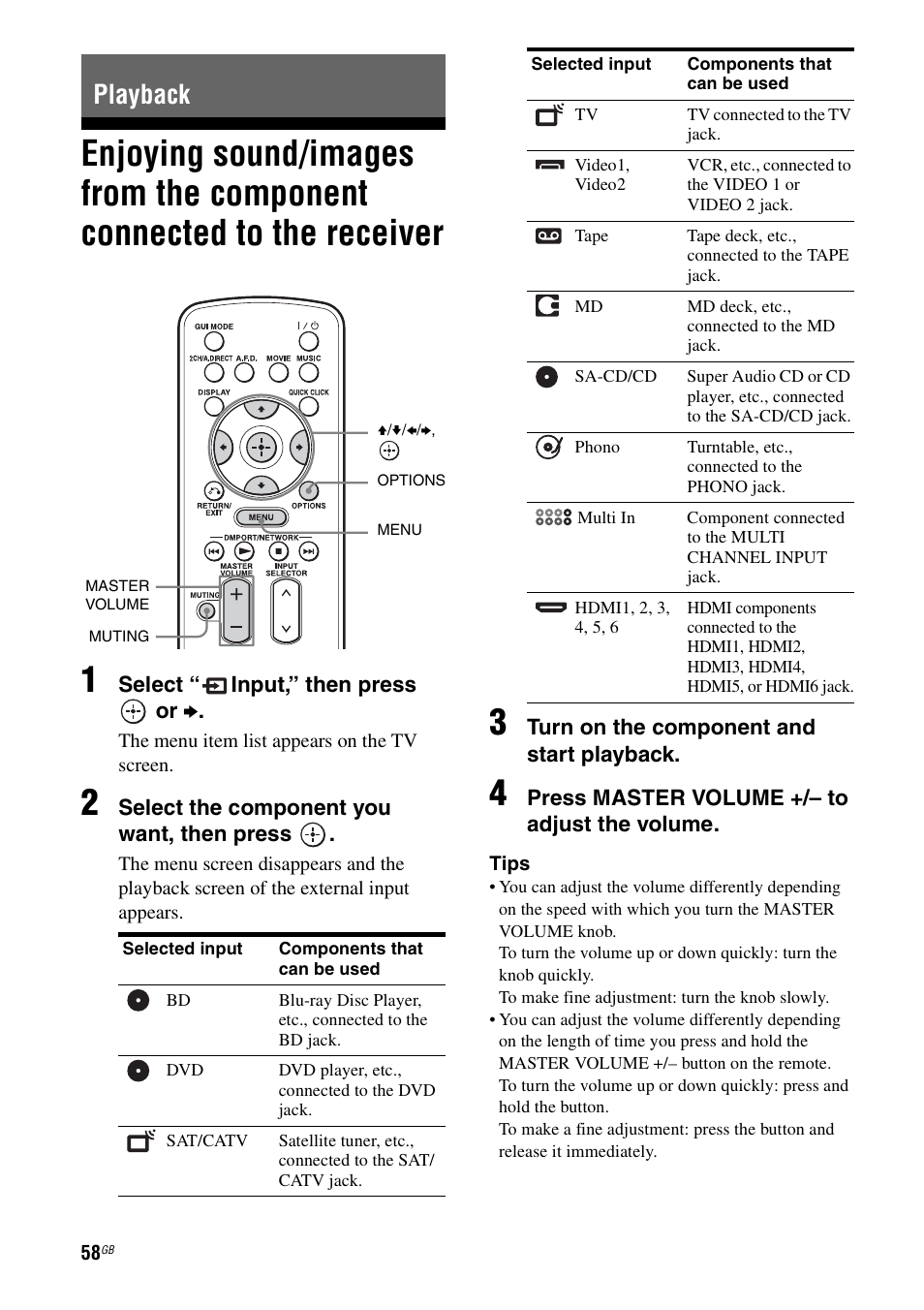 Playback, Enjoying sound/images from the component, Connected to the receiver | Sony STR-DA5600ES User Manual | Page 58 / 178