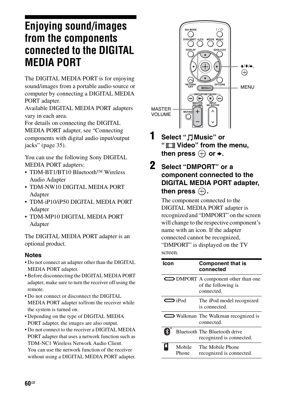 Enjoying sound/images from the components, Connected to the digital media port | Sony STR-DA5600ES User Manual | Page 60 / 178