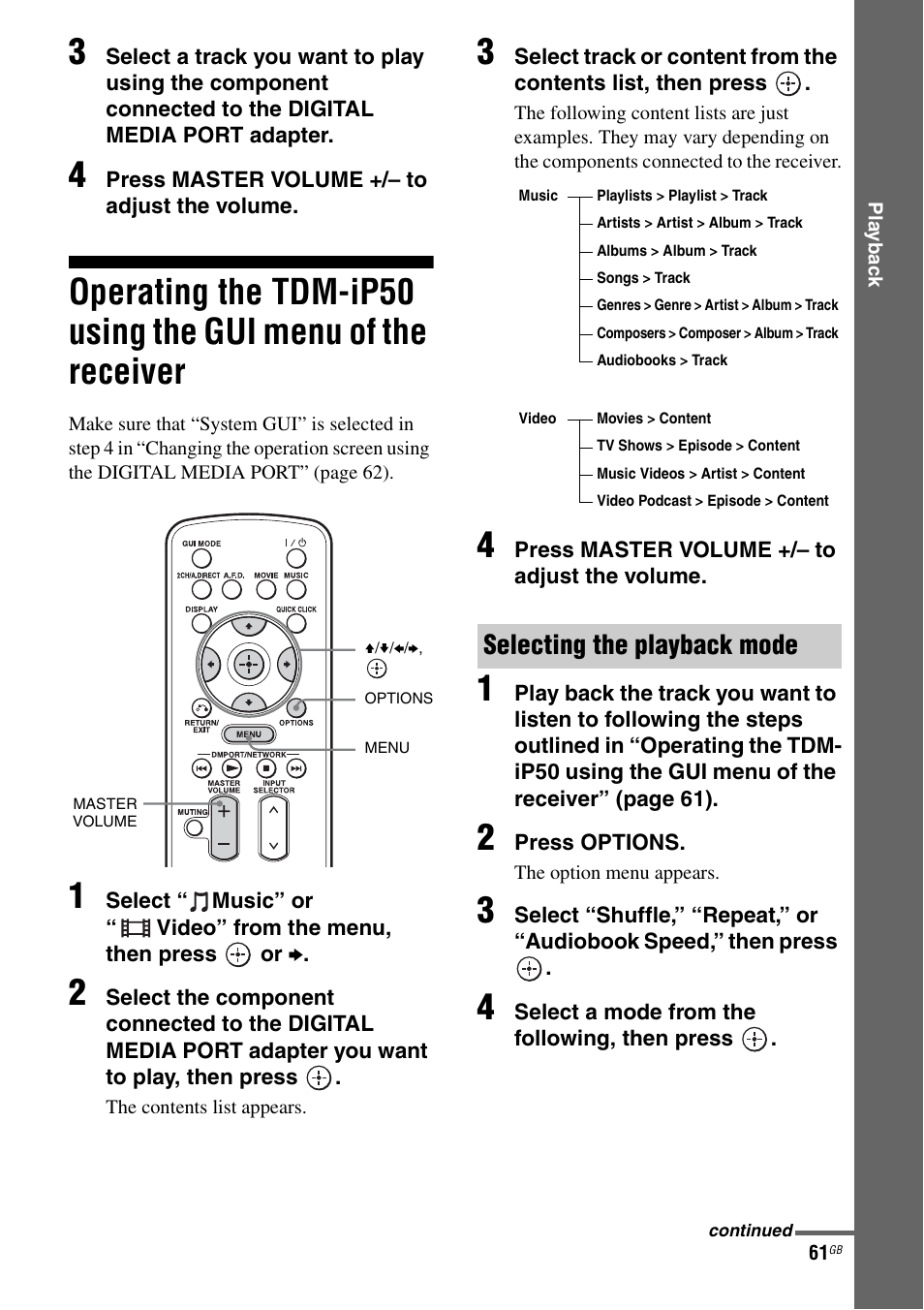 Operating the tdm-ip50 using the gui menu, Of the receiver, Selecting the playback mode | Sony STR-DA5600ES User Manual | Page 61 / 178
