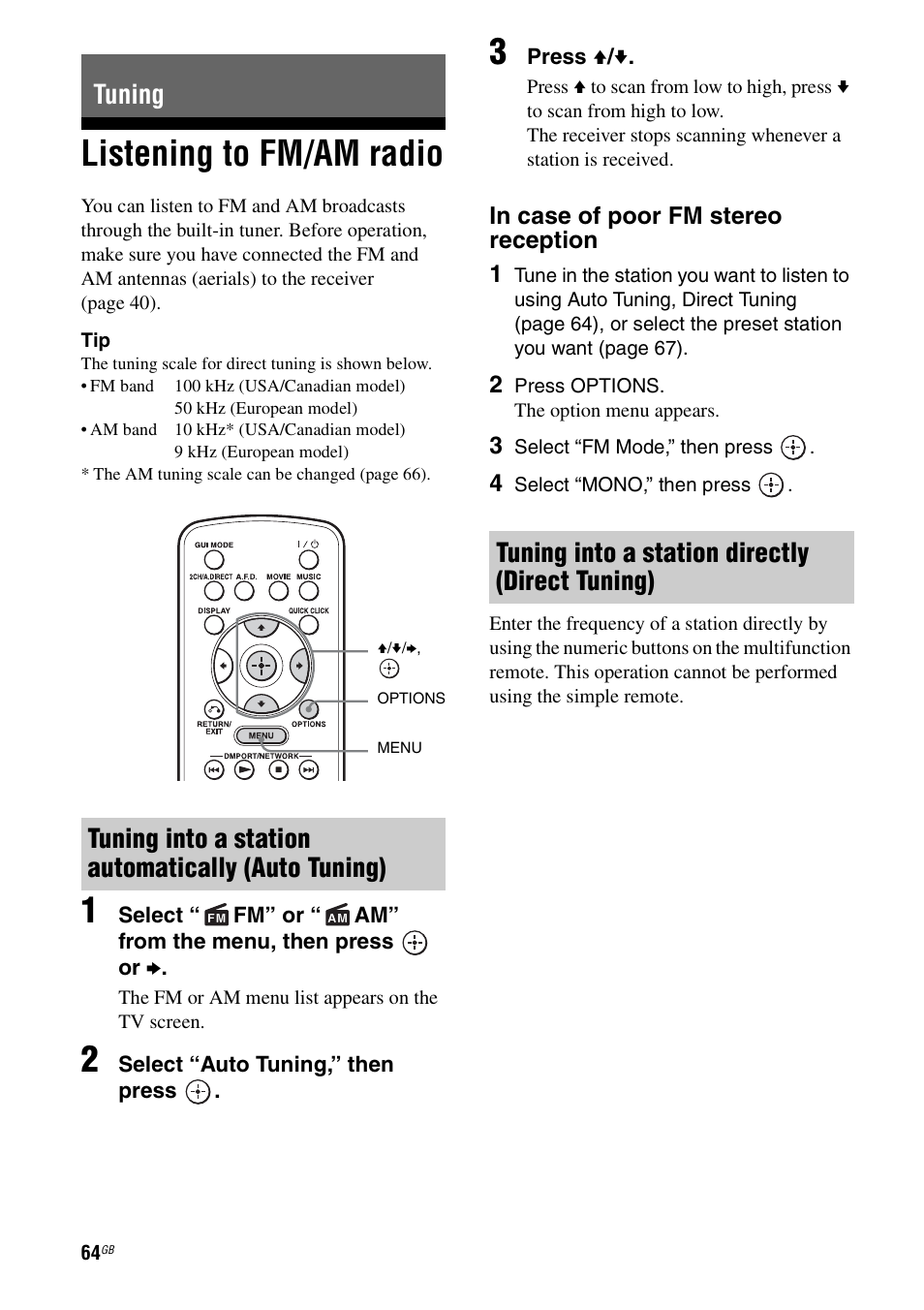 Tuning, Listening to fm/am radio, Tuning into a station directly (direct tuning) | Sony STR-DA5600ES User Manual | Page 64 / 178