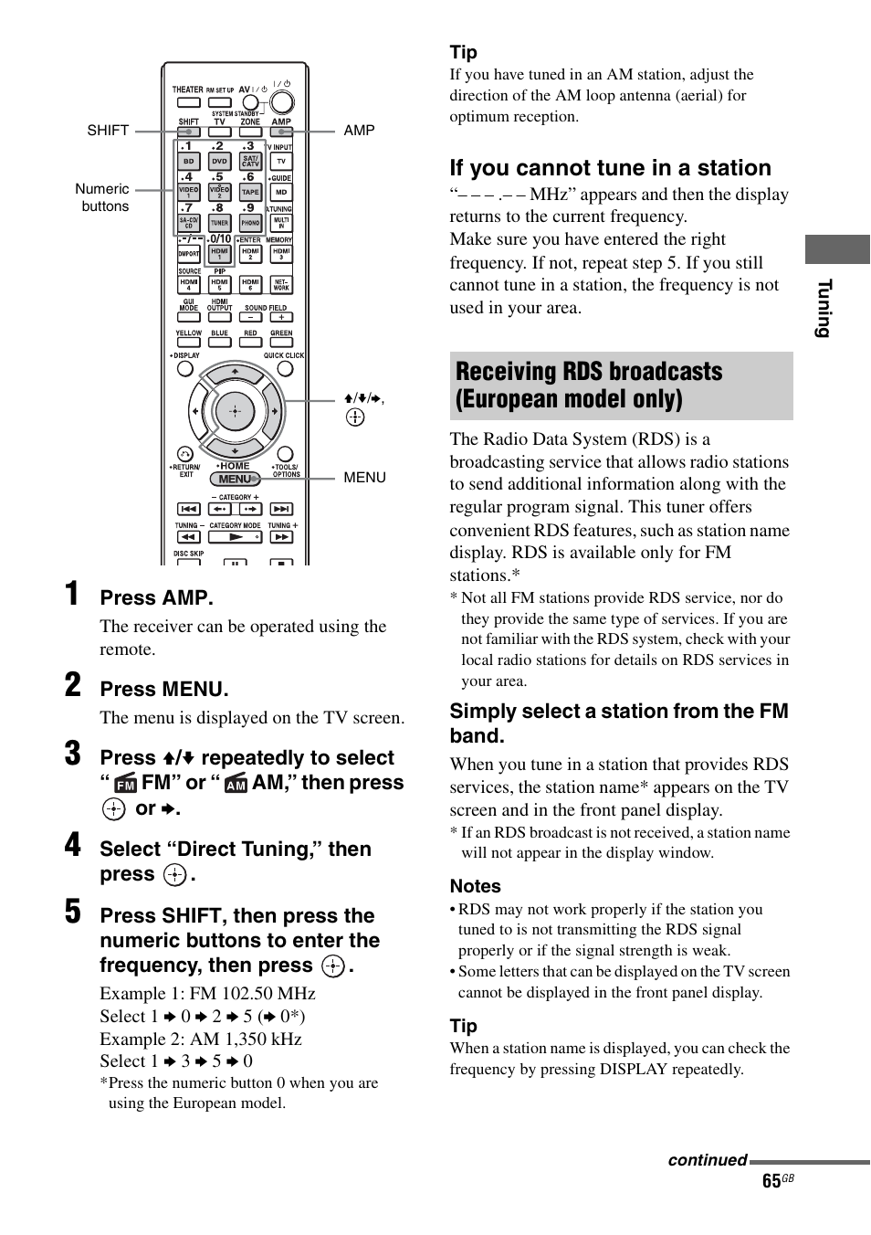 Receiving rds broadcasts (european model only) | Sony STR-DA5600ES User Manual | Page 65 / 178