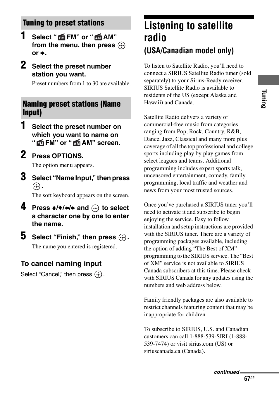 Listening to satellite radio, Usa/canadian model only) | Sony STR-DA5600ES User Manual | Page 67 / 178
