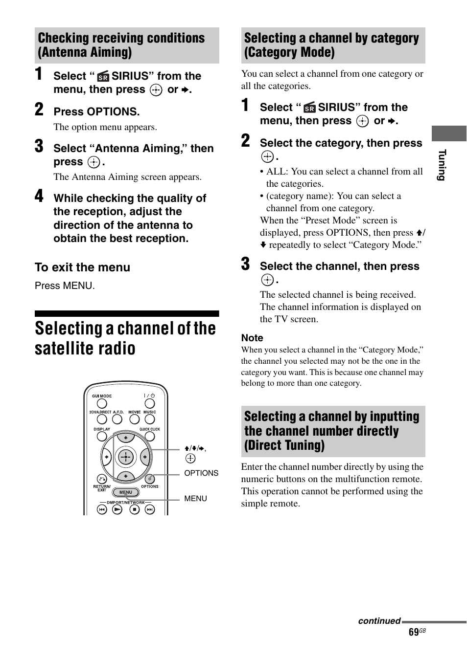 Selecting a channel of the satellite radio, Checking receiving conditions (antenna aiming) | Sony STR-DA5600ES User Manual | Page 69 / 178