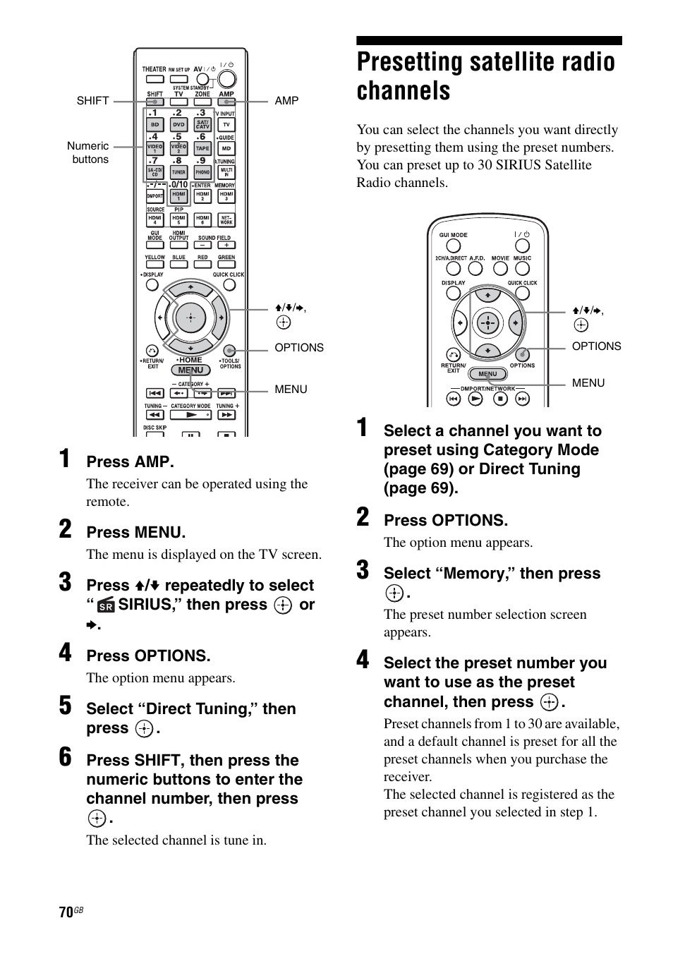 Presetting satellite radio channels | Sony STR-DA5600ES User Manual | Page 70 / 178