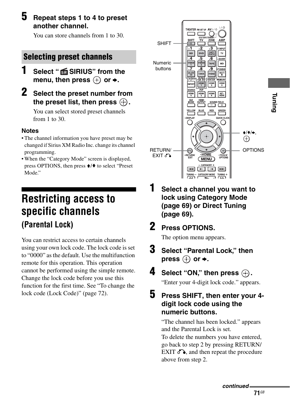 Restricting access to specific channels, Parental lock), Selecting preset channels | Sony STR-DA5600ES User Manual | Page 71 / 178