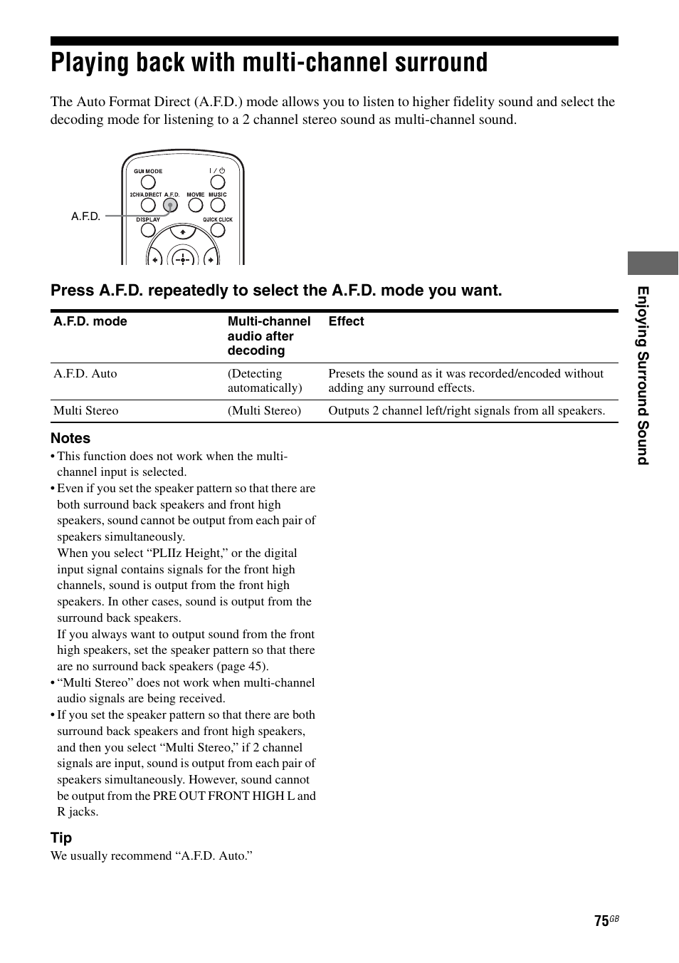 Playing back with multi-channel surround, Playing back with multi-channel, Surround | Sony STR-DA5600ES User Manual | Page 75 / 178