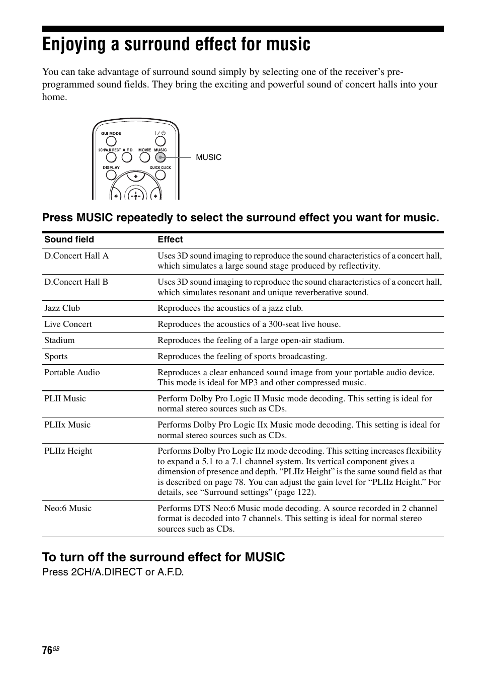 Enjoying a surround effect for music | Sony STR-DA5600ES User Manual | Page 76 / 178