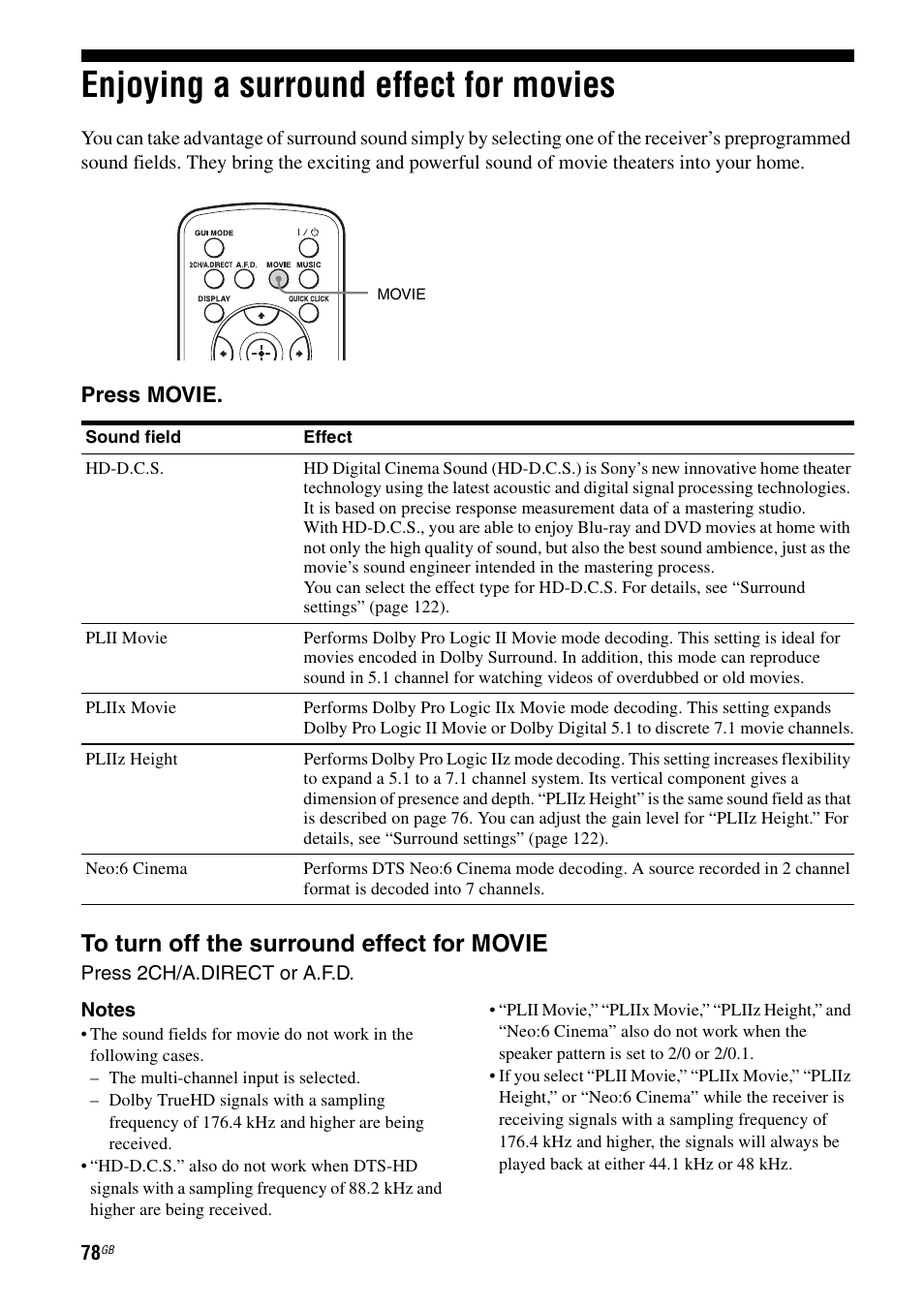 Enjoying a surround effect for movies, Press movie | Sony STR-DA5600ES User Manual | Page 78 / 178