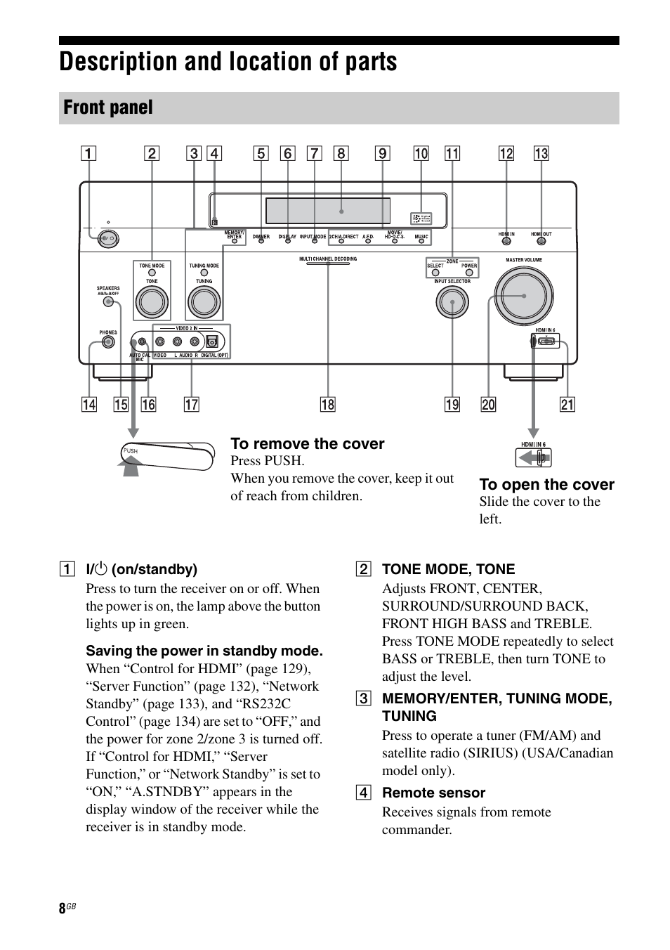 Description and location of parts, Front panel | Sony STR-DA5600ES User Manual | Page 8 / 178