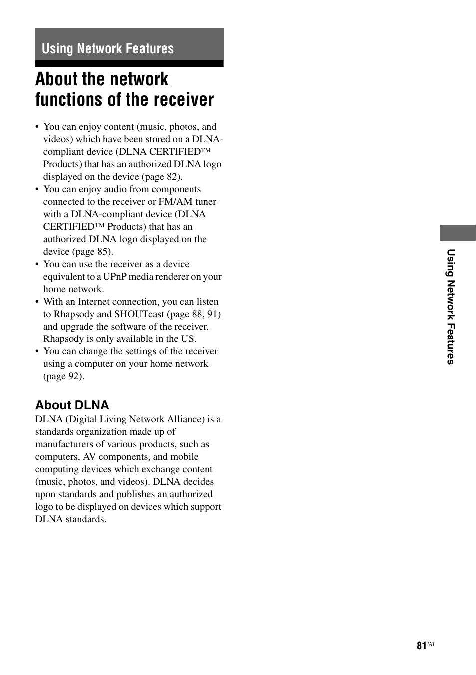 Using network features, About the network functions of the receiver, About the network functions of the | Receiver | Sony STR-DA5600ES User Manual | Page 81 / 178
